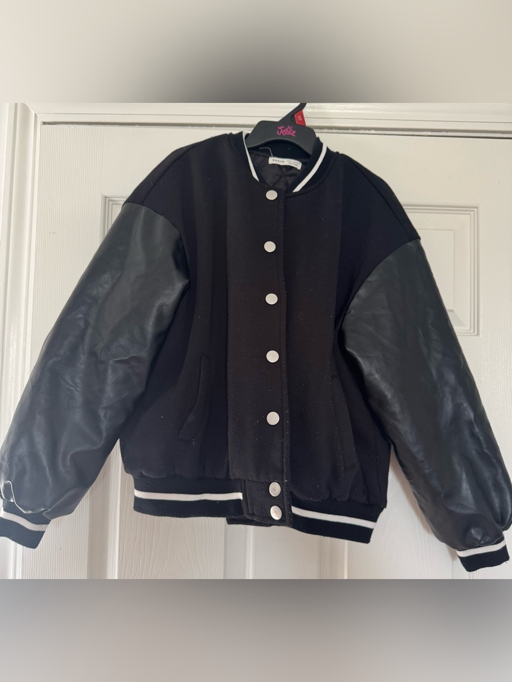Girl size 10/11 SHEIN Black Varsity Jacket with Faux Leather Sleeves